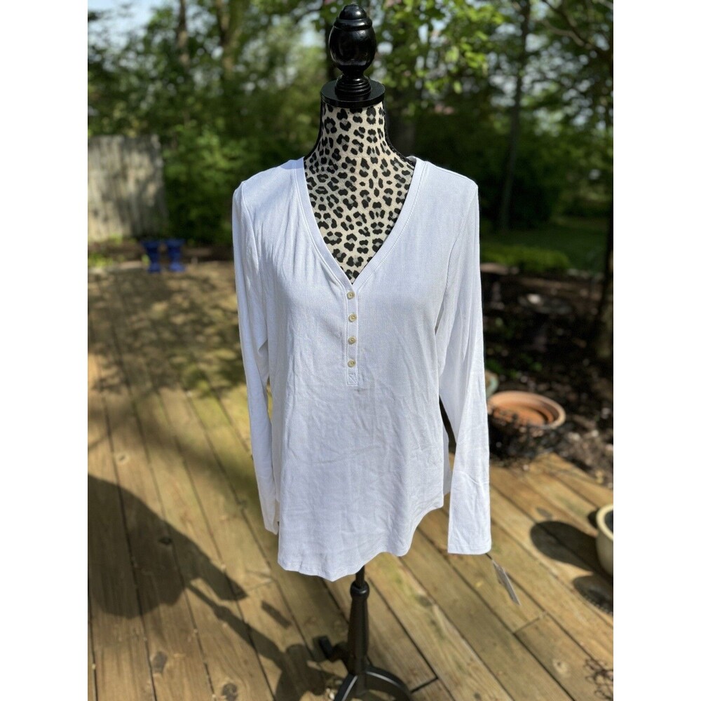 Sonoma Shirt Women's 2XL Ribbed Knit V-Neck Long Sleeve White Button Henley New